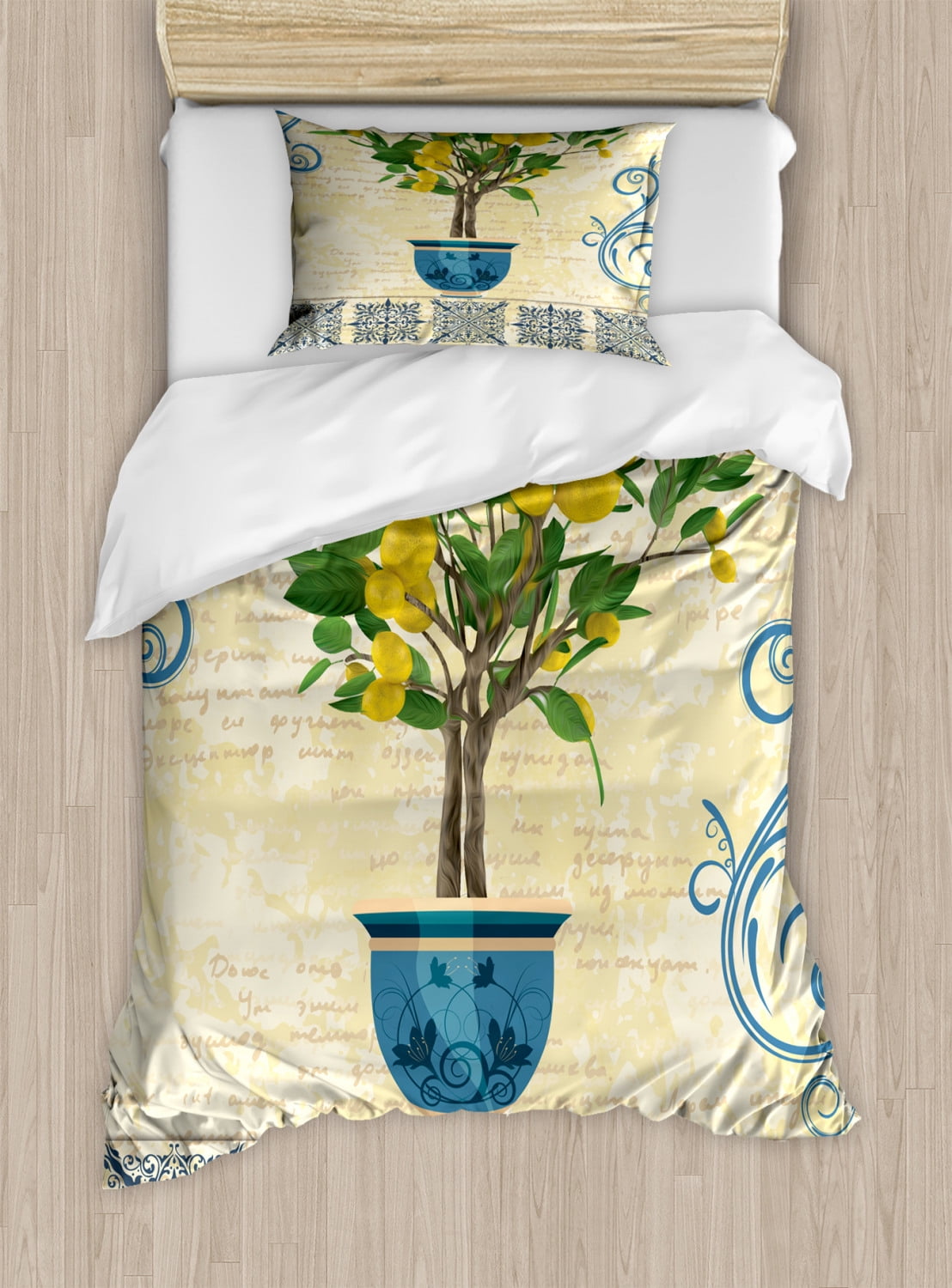 Twin Size Multicolor Lemon Tree Duvet Cover Set