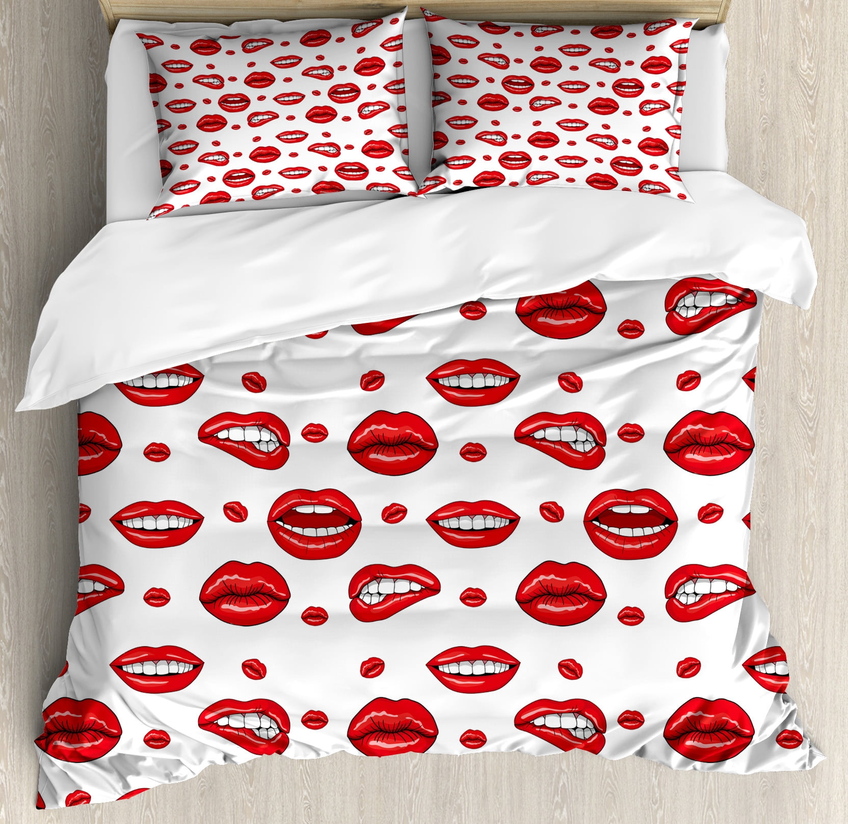 Vermilion and White Lips Print Queen Duvet Cover Set