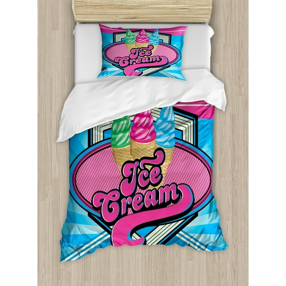 Vintage Duvet Cover Set, Vector Background with Ice Cream Illustration Food Sweets Yummy Design Print, Decorative 2 Piece Bedding Set with 1 Pillow Shams, Twin Size, Blue and Hot Pink, by Ambesonne