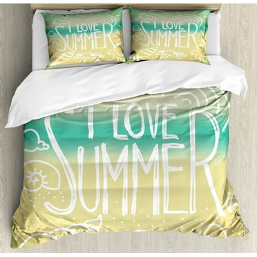 Vintage Duvet Cover Set, Words over Blured Seaside Beach Background Sunny Skies Print, Decorative 3 Piece Bedding Set with 2 Pillow Shams, King Size, Turquoise Beige, by Ambesonne