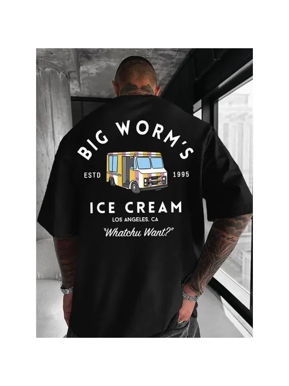 Vintage EST 1995 Los Angeles Ice Cream Truck Big Worm Quote Graphic Back Print Men's T-Shirt