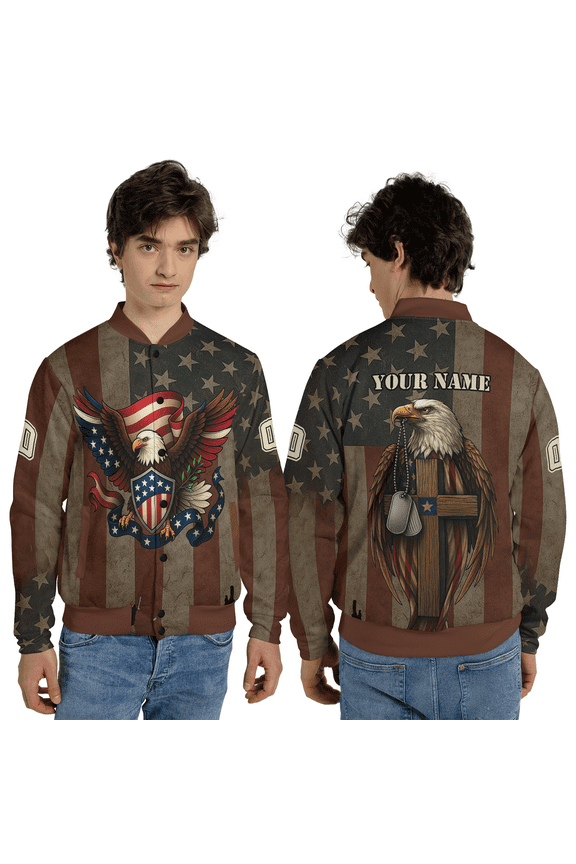Vintage Eagle Shield Jacket, Personalized Name Symbolic Emblem Patriotic Coat, Distressed Star Pattern Baseball Jacket