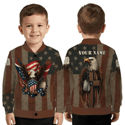Vintage Eagle Shield Jacket, Personalized Name Symbolic Emblem Patriotic Coat, Distressed Star Pattern Baseball Jacket