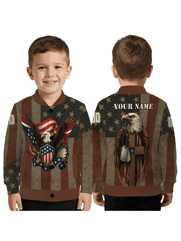 Vintage Eagle Shield Jacket, Personalized Name Symbolic Emblem Patriotic Coat, Distressed Star Pattern Baseball Jacket