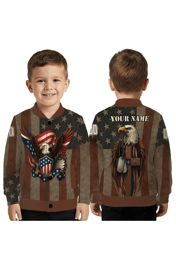 Vintage Eagle Shield Jacket, Personalized Name Symbolic Emblem Patriotic Coat, Distressed Star Pattern Baseball Jacket