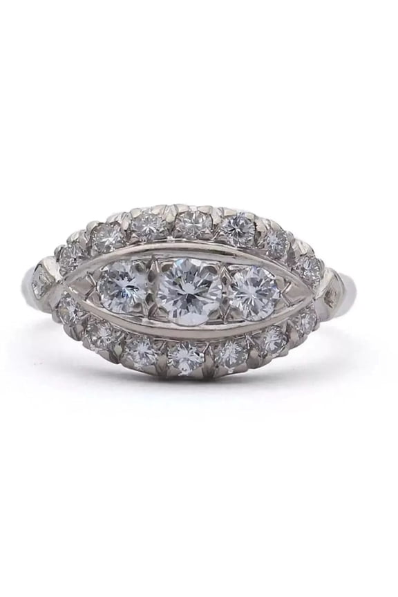 Vintage East West Diamond Engagement Ring, Art Deco Three Stone Diamond Ring, Halo Diamond Wedding Ring, Anniversary Ring For Wife, 925 Sterling Silver, 2.3 Ct Simulated Diamond