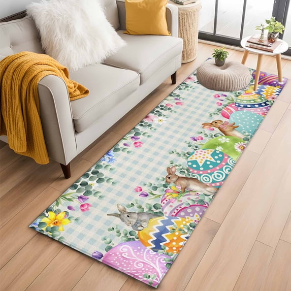 Vintage Easter 2'x6' Runner Rugs for Hallway Kitchen Bedside Non Slip, Colorful Floral Eggs Bunny Blue Plaid Rustic Entryway Rug Runners with Rubber Backing, Long Carpet Runner for Laundry Room