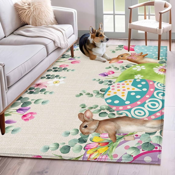 Vintage Easter Area Rugs 3'x5', Washable Small Throw Rugs for Living Room Bedroom, Colorful Floral Eggs Bunny Rustic Indoor Outdoor Rug Non-Slip Low Pile Carpet Runner Reversible Floor Mats
