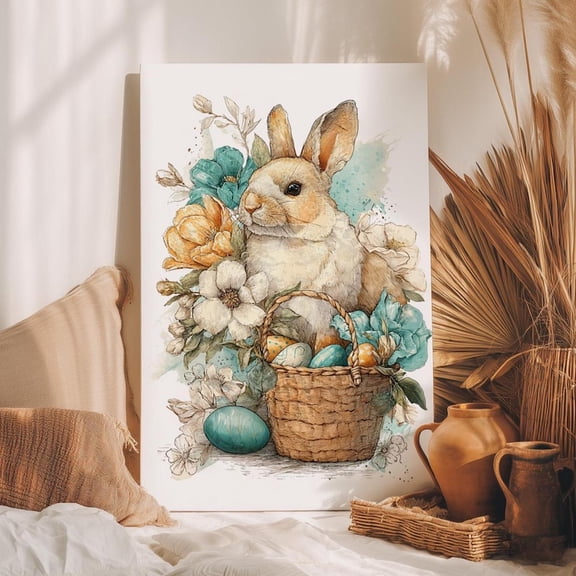 Vintage Easter Basket Printed Paper Poster, Floral Bunny Wall Art 8x12 UNFRAMDE
