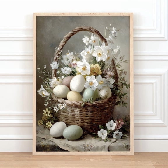 Vintage Easter Basket Wall Art, Floral Daffodils Spring Decor 16x24 UNFRAMDE