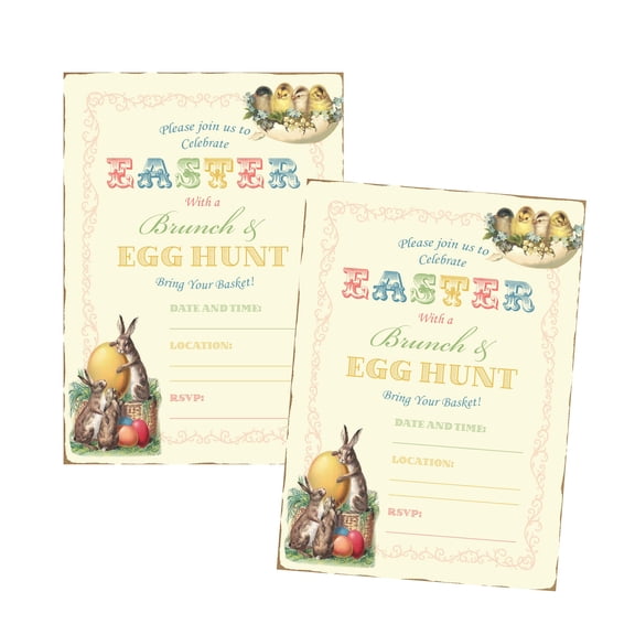 Vintage Easter Brunch Egg Hunt Party Supply Invitation with Envelopes (Set of 12)