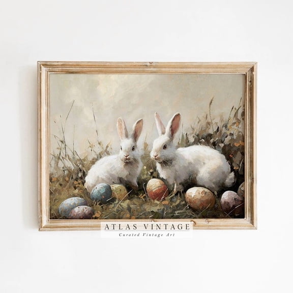 Vintage Easter Bunnies , Antique Rabbit & Colorful Easter Eggs , Cottagecore Wall Art, Spring Decor Decor Size 24x36 Unframed Poster