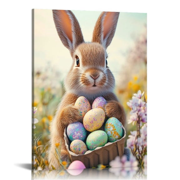 Vintage Easter Bunny with Basket of Eggs Canvas Print Wall Art, Contemporary Artwork Wall Art for Living Room, Bedroom, Bathroom, Office, Hallway, Kitchen Decor, Classic Home Decoration Gift Framed