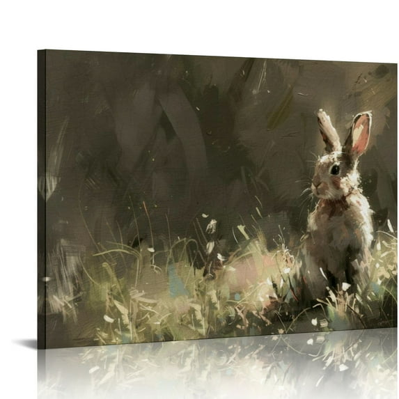 Vintage Easter Bunny Canvas Art - Rustic Farmhouse Decor, Framed Spring Rabbit Painting for Living Room & Bedroom