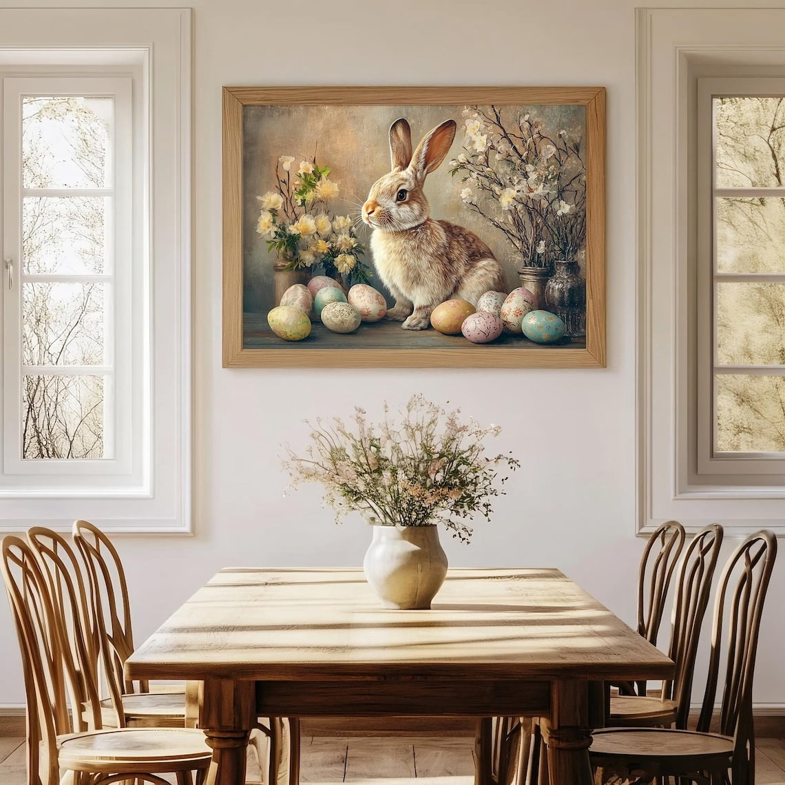 Vintage Easter Bunny Canvas Poster Spring Flowers & Eggs Print Wall Art ...