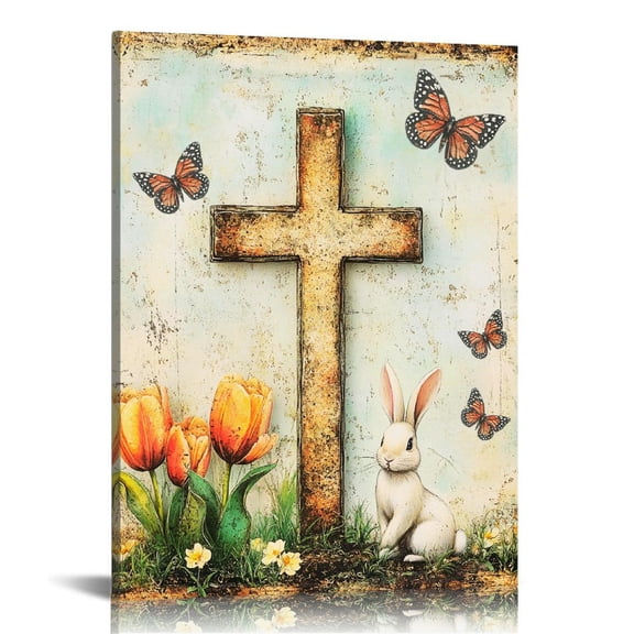 Vintage Easter Bunny Cross Print Wall Art, Easter Cross Rabbit Picture Posters Wrapped Canvas Wall Decor Artwork Painting for Bedroom, Living Room,Bathroom, Office Classic Home Decor Easter Gifts