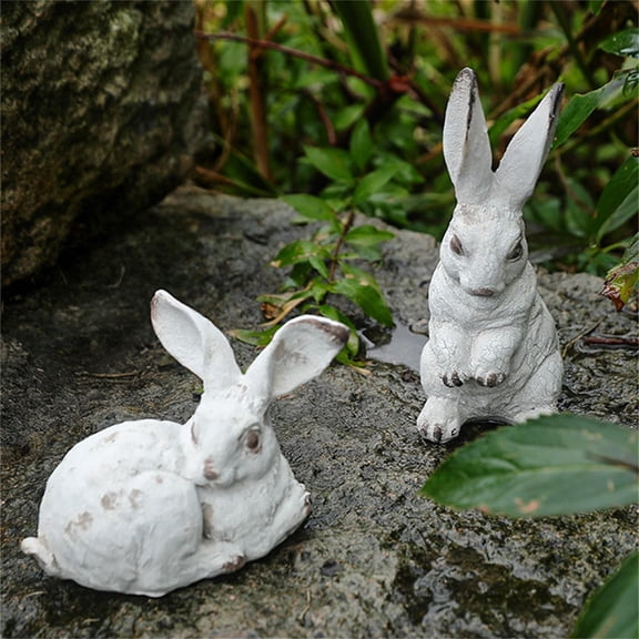 Vintage Easter Bunny Decor, Set of 2 Distressed White Resin Rabbit Figurines, Rustic Farmhouse Spring Decorations for Mantel, Tabletop, Shelf, Tiered Tray, Gift Idea