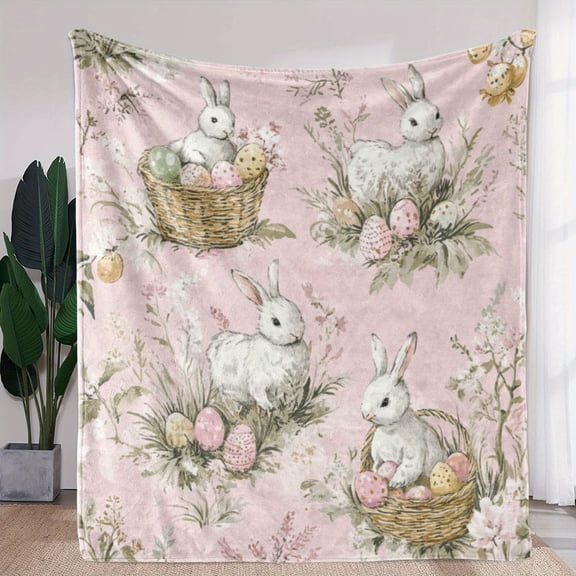 Vintage Easter Bunny & Eggs Flannel Blanket Soft Cozy All-Season Throw with Floral Patterns Ideal for Sofa Bed Office Car Camping Travel Knitted Digital Print Pink