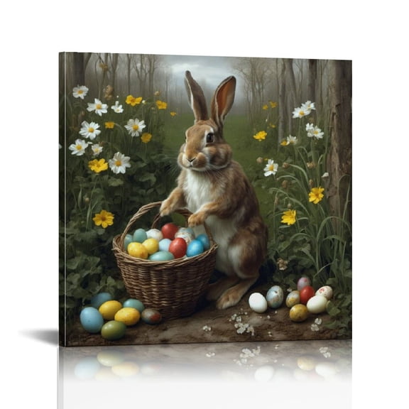 Vintage Easter Bunny Eggs Print Wall Art, Lovely Rabbit Picture Posters Wrapped Canvas Wall Decor Artwork Painting for Bedroom, Living Room,Bathroom, Office Classic Home Decor Easter Gifts