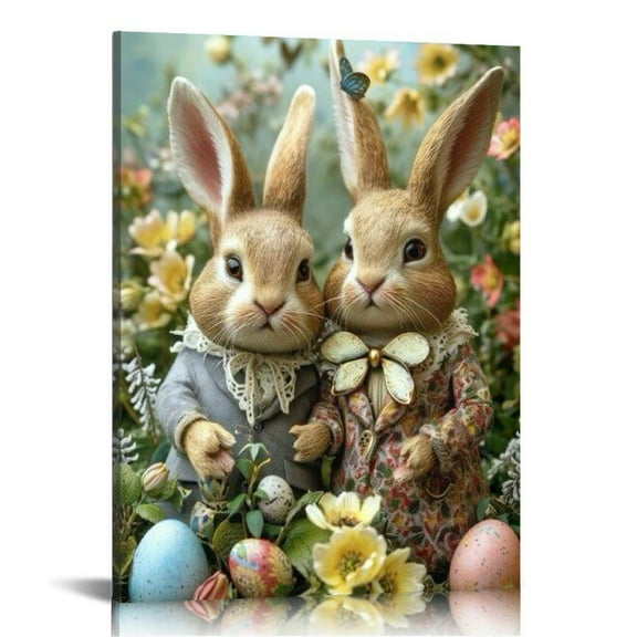 Vintage Easter Bunny Eggs Print Wall Art, Lovely Rabbit Picture Posters Wrapped Canvas Wall Decor Artwork Painting for Bedroom, Living Room,Bathroom, Office Classic Home Decor Easter Gifts