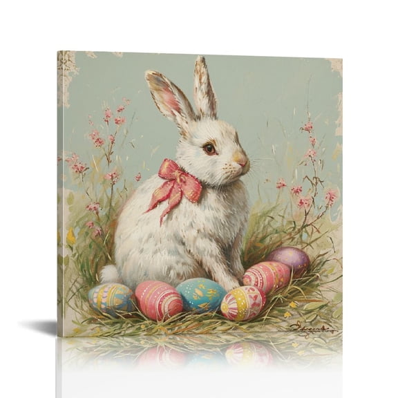Vintage Easter Bunny Eggs Print Wall Art, Lovely Rabbit Picture Posters Wrapped Canvas Wall Decor Artwork Painting for Bedroom, Living Room,Bathroom, Office Classic Home Decor Easter Gifts