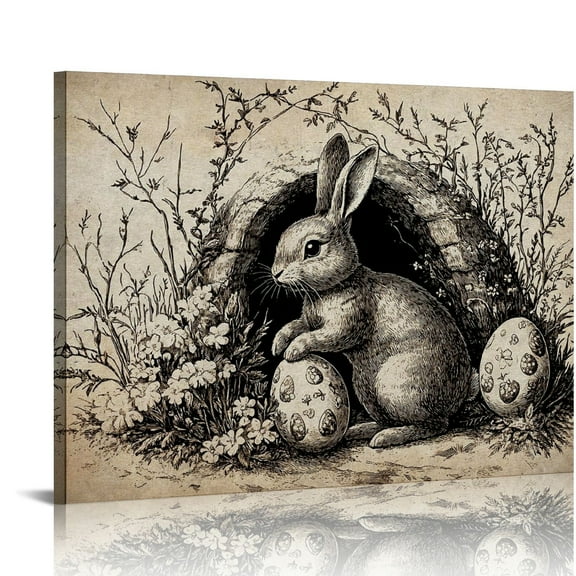 Vintage Easter Bunny Eggs Print Wall Art, Rabbit Picture Posters Wrapped Canvas Wall Decor Artwork Painting for Bedroom, Living Room,Bathroom, Office Classic Home Decor Easter Gifts