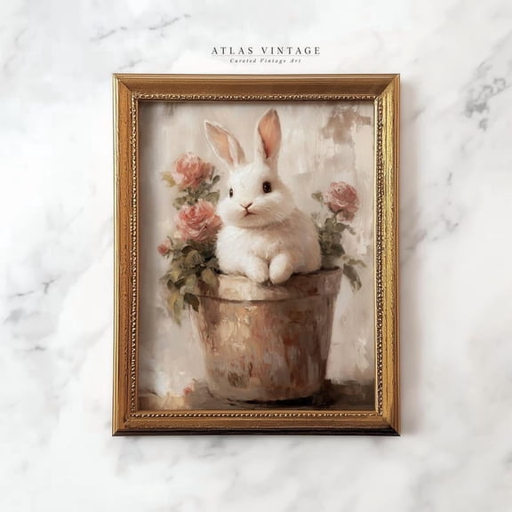 Vintage Easter Bunny , Floral Rabbit Wall Art, Spring Flower Nursery Decor, Neutral Botanical Unframed Poster Size 24x36