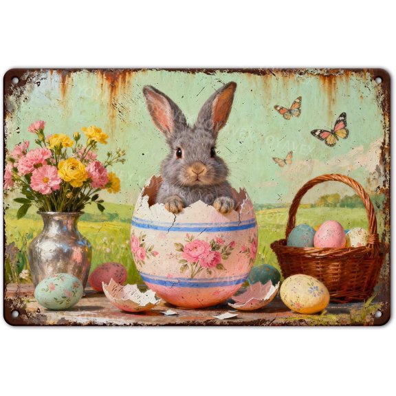 Vintage Easter Bunny Metal Sign Cute Rabbit Design Rustic Farmhouse Wall Art For Home Garden Outdoor Bar Cafe Decor Holiday Renovation 8X12Inch