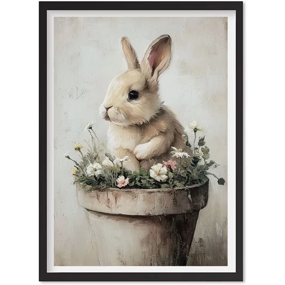 Vintage Easter Bunny Print, Floral Rabbit Painting Printable Wall Art, Spring, Matte Canvas Stretched, Posters for Room Bedroom Living Room Bathroom Wall Decor, Posters & Art Prints, Gift.