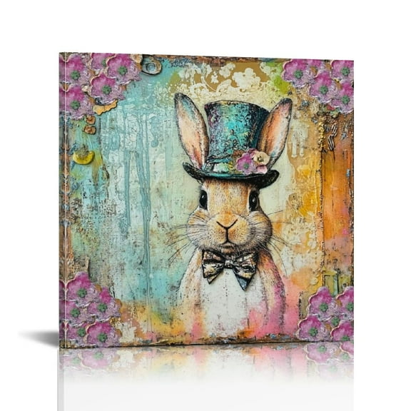 Vintage Easter Bunny Print Wall Art, Lovely Rabbit Picture Posters Wrapped Canvas Wall Decor Artwork Painting for Bedroom, Living Room,Bathroom, Office Classic Home Decor Easter Gifts