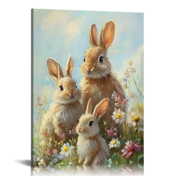Vintage Easter Bunny Print Wall Art, Lovely Rabbit Picture Posters Wrapped Canvas Wall Decor Artwork Painting for Bedroom, Living Room,Bathroom, Office Classic Home Decor Easter Gifts Framed