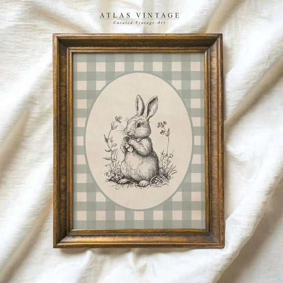 Vintage Easter Bunny Sketch Print, Rabbit Drawing Wall Art, Neutral Woodland Nursery Decor, Gingham Home Decor Size 24x36 Unframed Poster
