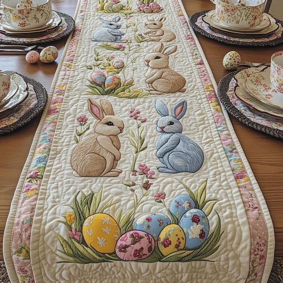 Vintage Easter Bunny Table Runner, Spring Cottage Floral Decor