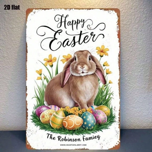 Vintage Easter Bunny Tin Sign, 2D Flat" Unframed Metal Plaque With Colorful Eggs, Eggs, Weatherproof Rustproof UV Resistant