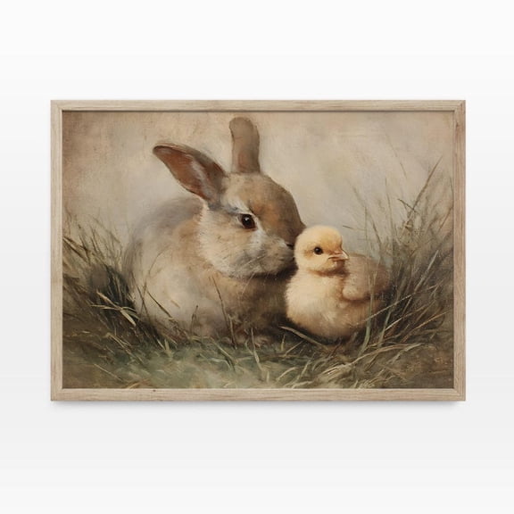 Vintage Easter Bunny and Chick Printed Paper Poster, Neutral Spring Wall Art 8x12 UNFRAMDE