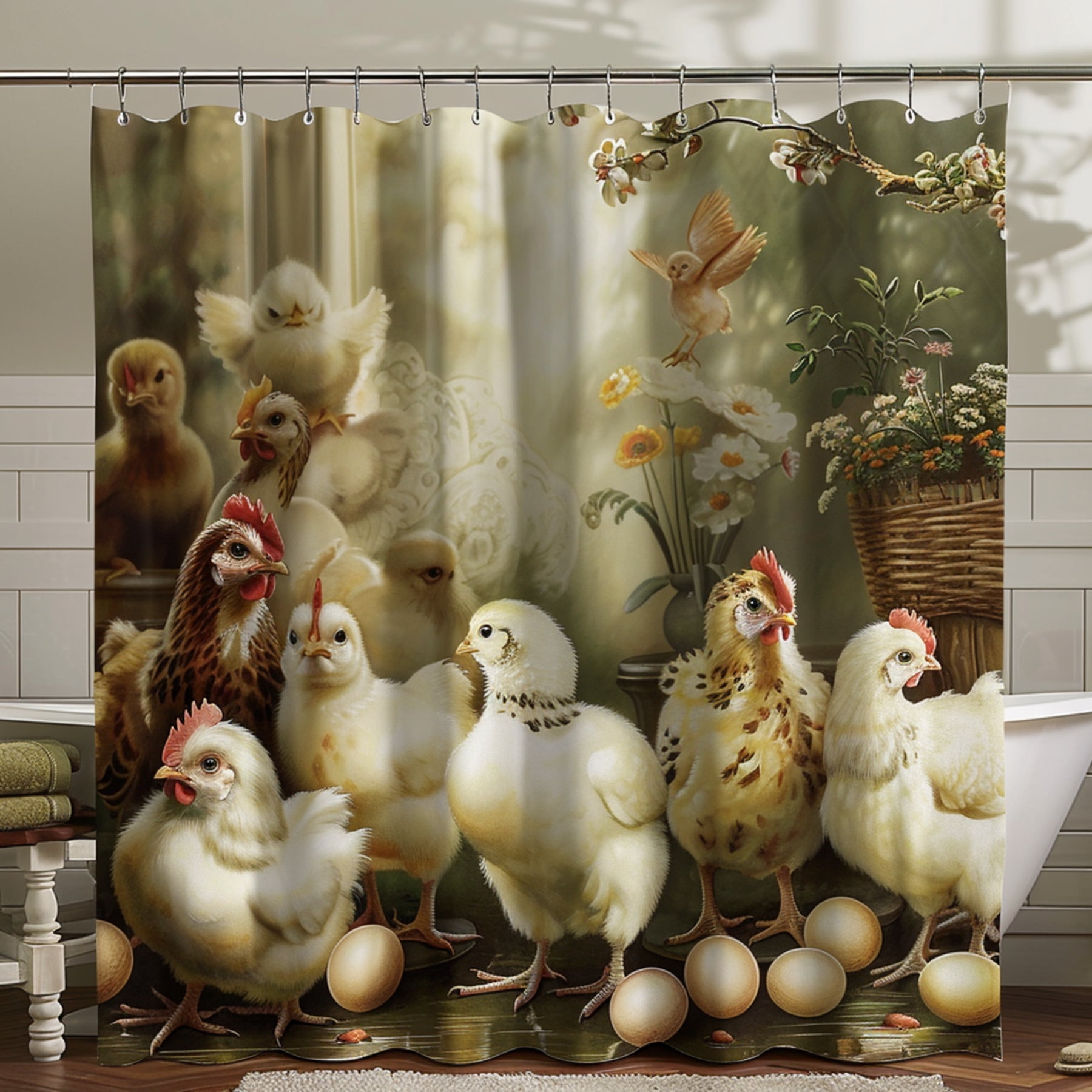 Vintage Easter Chickens & Chicks Oil Painting Shower Curtain Detailed