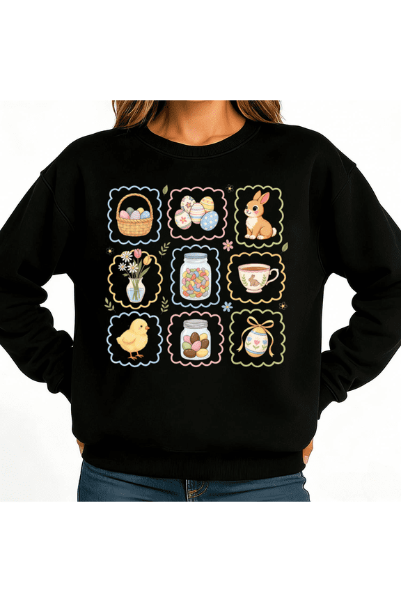 Vintage Easter Collage Bunny Chick Egg Womans Print Sweatshirt Graphic Sweatshirt Black White S-3XL Holiday Casual Tops