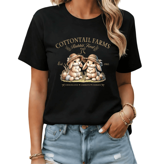 Vintage Easter Cottontail Farms Bunny Graphic Tees Womans T-shirt Shirts Black White S-5XL Tops
