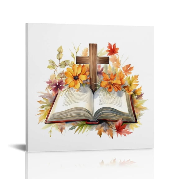 Vintage Easter Cross the Holy Bible Christian Wall Art, Wreath Cross Canvas Paintings Prints Posters Wall Decor, Retro Religious Music Score Church Decor Suitable for Study Prayer Room Framed 