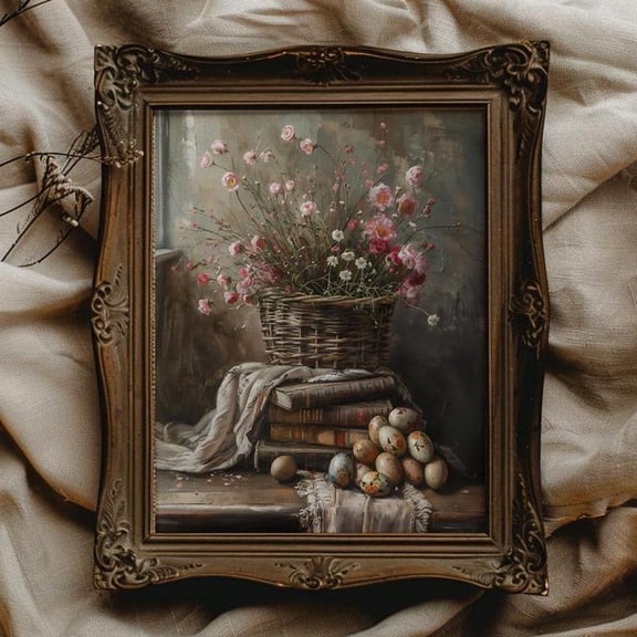 Vintage Easter Easter Wall Art Cottagecore Easter Decor Vintage Book Print Dark Cottagecore Wall Art For Easter Egg Print Floral #1782, Unframed Poster Size 12x18