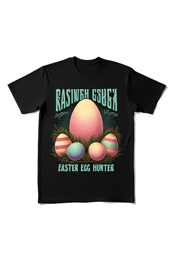 Vintage Easter Egg Hunter Black T-Shirt with Colorful Egg Design Fun Spring