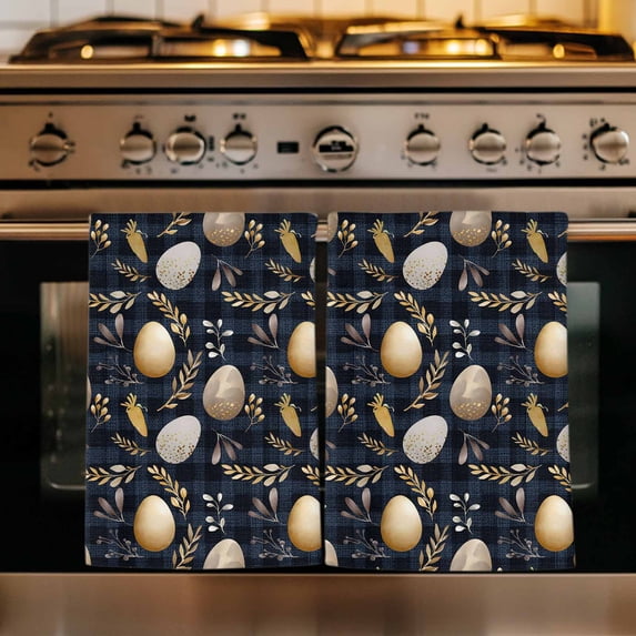 Vintage Easter Eggs Kitchen Towels Set of 4, Spring Botanical Leaves Black Absorbent Dish Towels for Kitchen, Microfiber Hand Towel, Quick Drying Tea Towel for Cleaning Decorative Dishcloths