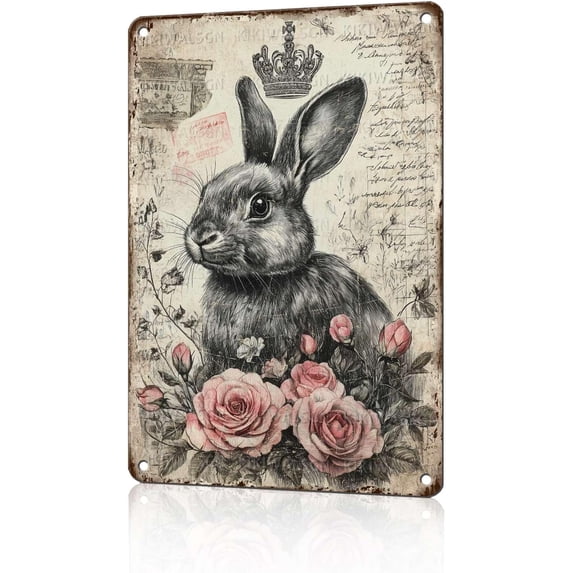 Vintage Easter Metal Sign Funny Bunny Tin Sign Retro Rabbit With Pink Rose Nostalgic Rustic Metal Poster Decorations for Home Garden Plaque Yard Cafe Kitchen Bar Library Bookshelf 12 * 8 In