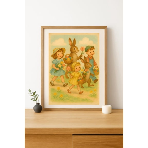 Vintage Easter Parade Poster, Retro Bunny and Egg Hunt Nursery Wall Art 24x36 UNFRAMDE
