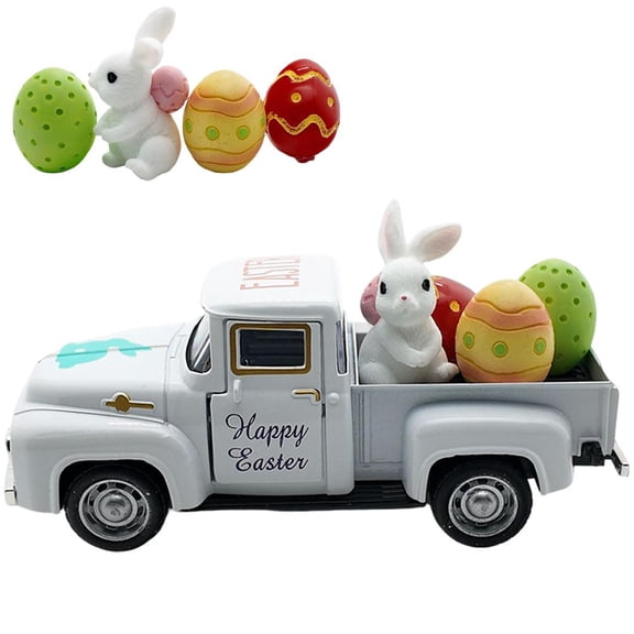 Vintage Easter Pickup Truck Decoration with Bunny & Eggs, Mini Resin Holiday Tabletop Ornament, Happy Easter Spring Home Décor