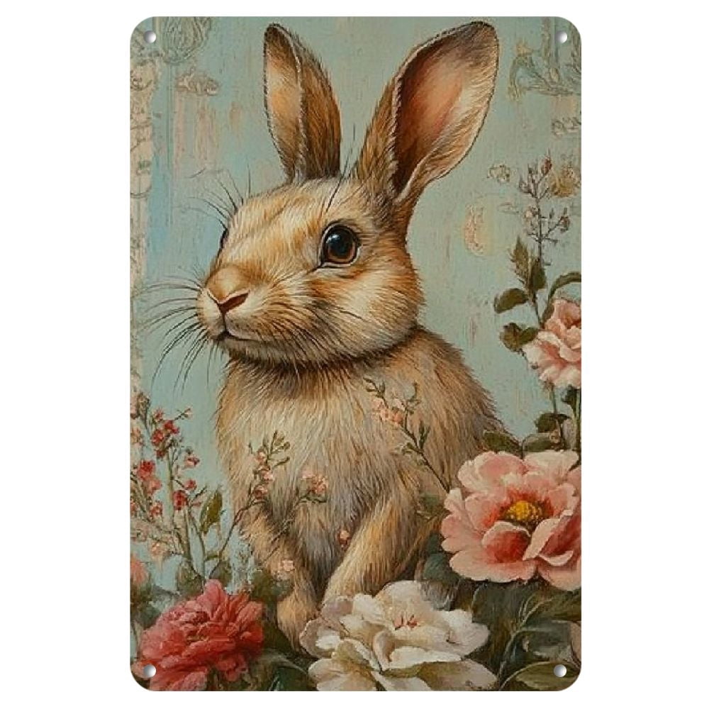Sadter Rabbit Tin Vintage Easter Rabbit Tin Sign - 8x12 Inch Iron Wall Art with Floral ...