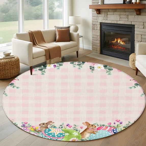 Vintage Easter Round Area Rug 8Ft Washable Large Circle Rugs for Living Room Dorm, Colorful Floral Eggs Bunny Pink Plaid Rustic Non-Slip Carpet Floor Mats Indoor Outdoor Carpet Runner Home Decor