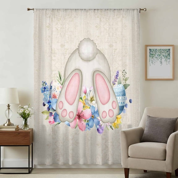 Vintage Easter Sheer Curtains 45 Inches Long, Spring Floral Bunny Retro Art Light Filering Curtains, Breathable Simi Curtain Privacy Drapes for Kitchen Bathroom Lightweight Small Window Treatment