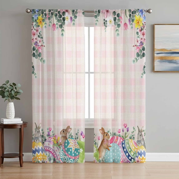 Vintage Easter Sheer Curtains 84 Inch Length 2 Panels Set Window Treatments, Colorful Floral Eggs Bunny Pink Plaid Rustic Rod Pocket Semi Curtains for Living Room/Bedroom/Kitchen Décor, 104"W x 84"L