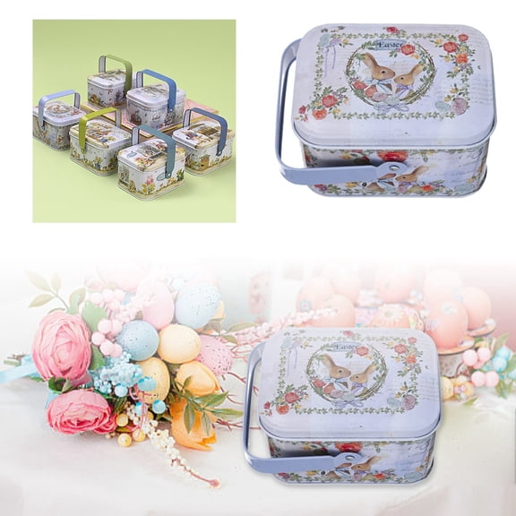 Vintage Easter Square Tinplate Candy Box with Handle and Lid Spring Elegant Bunny Printing Snack Box Farmhouse Rabbit Cookie Jar Gift Chocolate Storage Organizer Party Favors for Kids Treats(B)